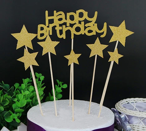 Ensemble De Drapeaux De Gateau Dores Joyeux Anniversaire Et 7 Pieces Etoiles Avec Double Baton Pour Fete D Anniversaire De Famille Fournitures De Decoration De Patisserie Aliexpress