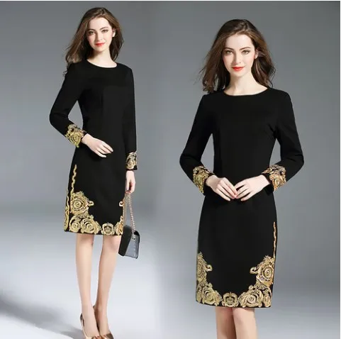 

Black Vintage Embroidery Dress 2018 New Women Elegant Robe OL Office Workwear Knee-Length Dress Female Bodycon Party Dress FW37