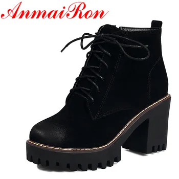 

ANMAIRON Autumn Winter Shoes Woman Lace-up Ankle Boots for Women High Heels Platform Shoes Boots Black Brown Green Women Boots