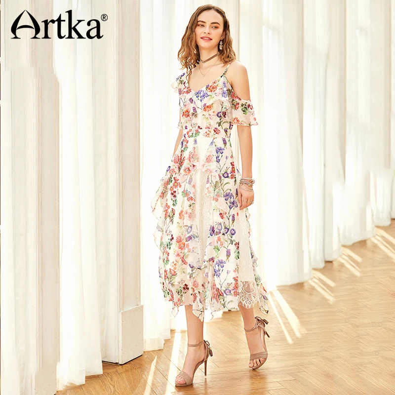 Женское асимметричное длинное платье ARTKA кружевное лоскутное на одно плечо с