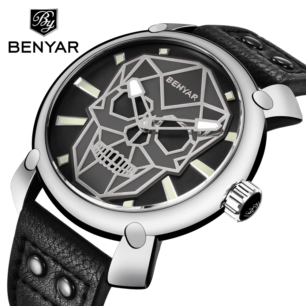 

BENYAR Gold Skull Watch Mens Watches Top Brand Luxury Fashion Leather Quartz Wristwatch Relogio Masculino Clock Men Montre Homme