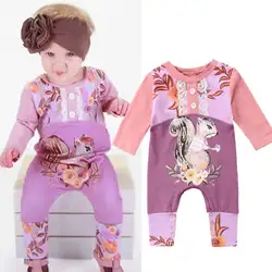 Милые цветочные младенческой малыш одежда для малышей для девочек кружевная одежда с длинным рукавом белка печати комбинезон Животные