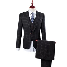 Черные клетчатые свадебные костюмы на одной пуговице жениха Одежда смокинги друзей жениха костюм для шафера 3 шт.(куртка+ брюки+ жилет) деловой костюм