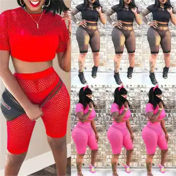 

Women Tracksuit Set Summer 2 Piece Sexy Hole Crop Top and Shorts Bodycon Outfit Short Sport Jumpsuit Summer 2019 New