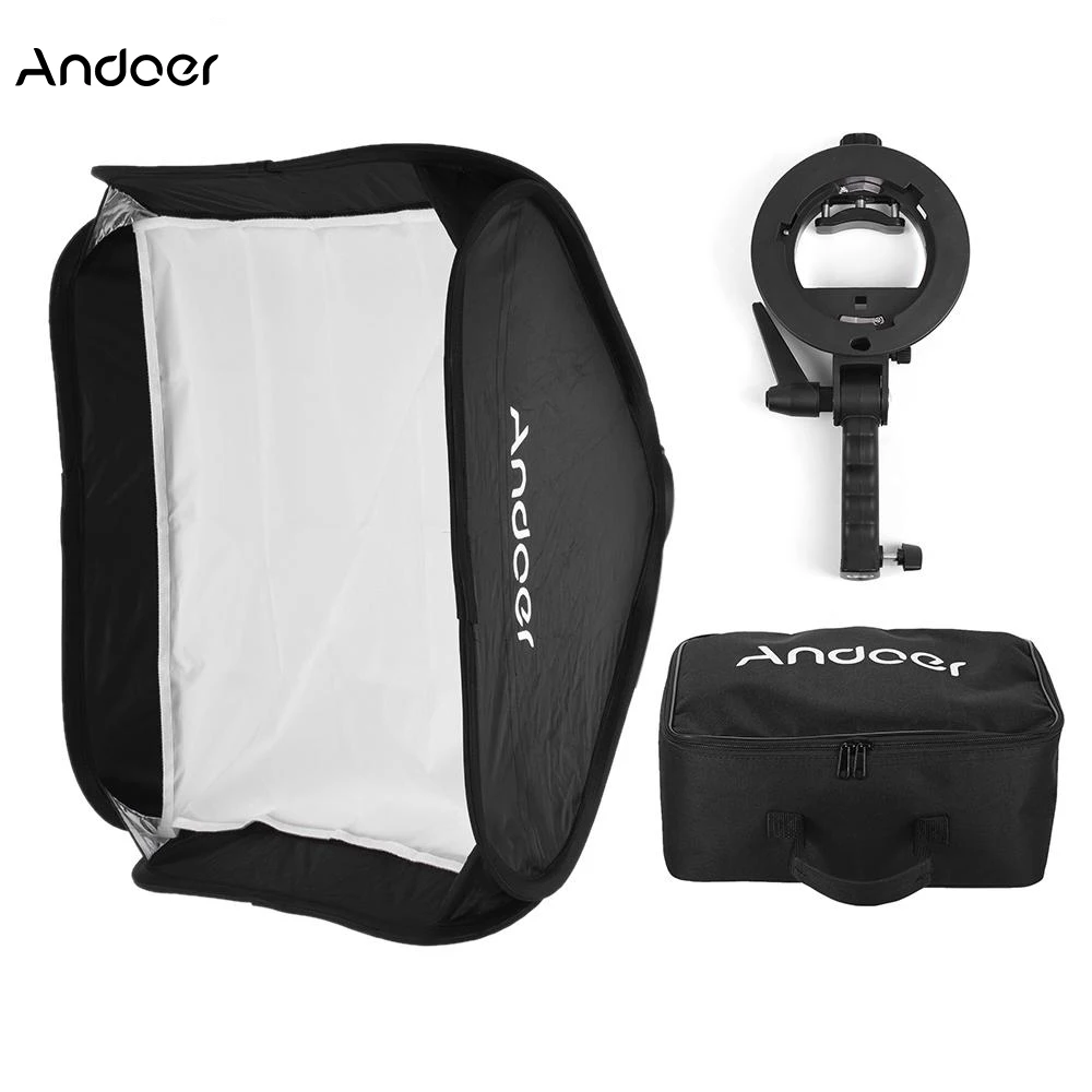 

Russia Free Shipping Andoer 80 * 80cm Folding Softbox with S-type Handheld Flash Speedlite Bracket Bowens Mount and Carrying Bag