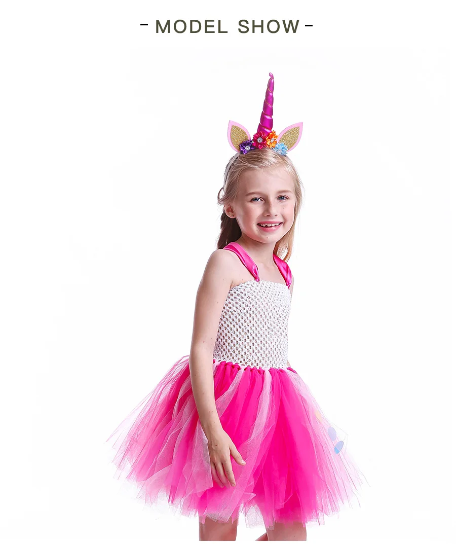 Handmade Horse Pattern Girls Tutu Dress for Halloween Dress Up Party Kids Rainbow Flower Dress with Unicorn Headband 2-12Y (4)