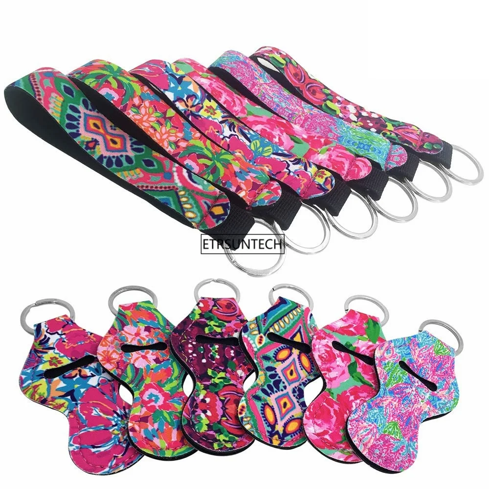 

wholesale Neoprene Keychain Chapstick Holder Lip Balm Holder Monogram KeyRing Colorful Floral Print 120pcs~1200pcs