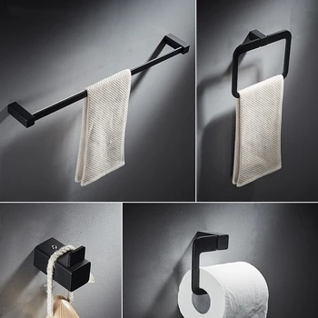 

4pcs Bathroom Hardware Accessories Set Towel Bar Towle Ring Toilet Paper Holder Robe Hook Black Stainless Steel