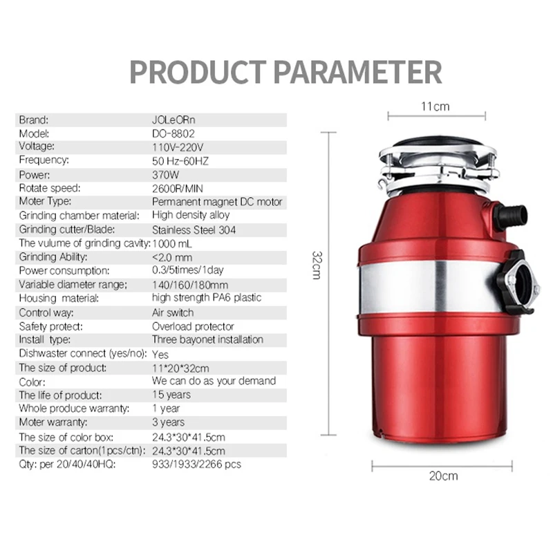  HIMOSKWA Food Waste Disposer 370W Food Residue Garbage Processor Sewer Rubbish Disposal Crusher Gri - 32874150922
