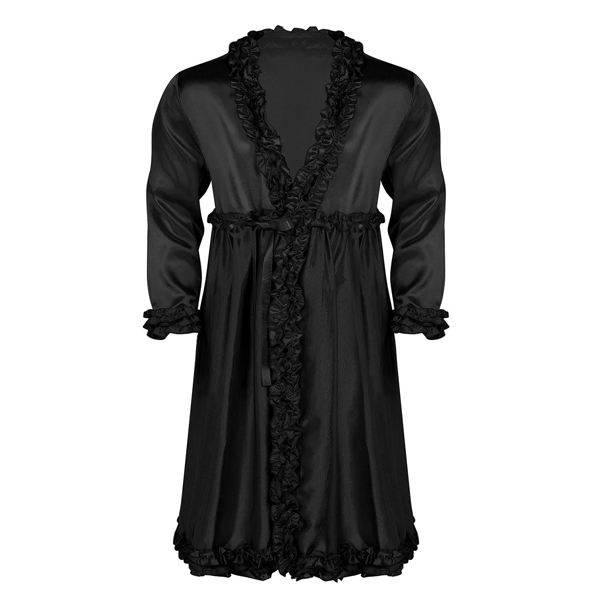 Black Мужское нижнее белье SISSY Халаты для мужчин атласные шарфы домашний халат банный халат длинный рукав с оборками края длинная ночная рубашка одежда для сна - Цвет: Black