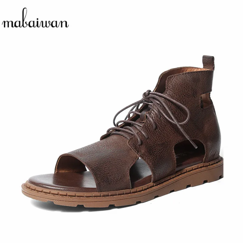 

Mabaiwan New Fashion Punk Style Men Summer Beach Sandals Leather Gladiator Flats Lace Up Slipper Shoes Men Handmade Ankle Boots
