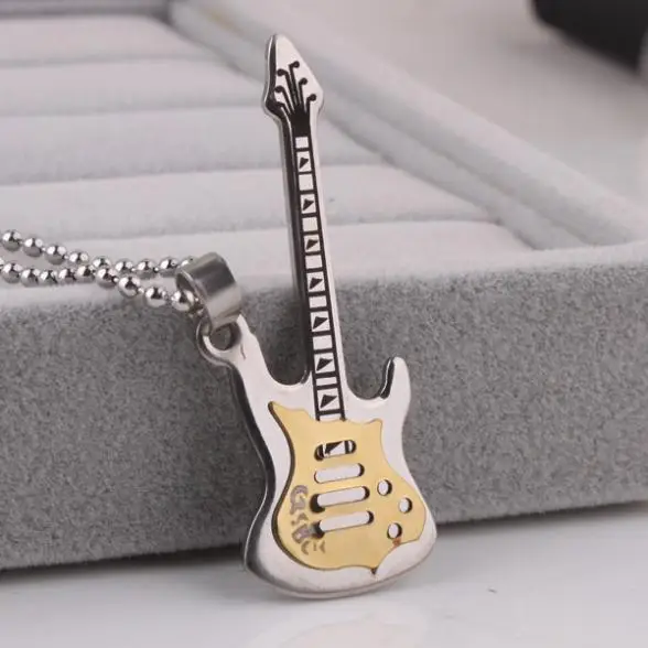 

free shipping gold color Carving guitar pendant necklaces bead chain for men women 316L Stainless Steel necklace wholesale
