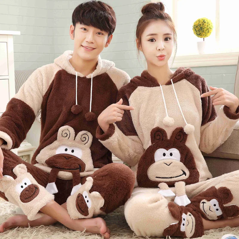 

JINUO Popular Designs New Winter Young Couples Coral Fleece Pajama Sets Lovers Thicken Lovely Monkey Warm Soft Home Wear