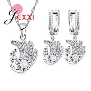 

925 Sterling Silver Wedding Engagement Jewelry Sets For Women Peacock AAA Cubic Zirconia Necklace Earrings Set Accessory