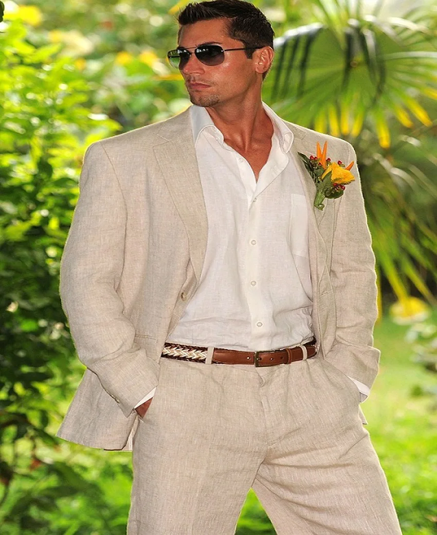 High Quality Beige Groomsman Suit Custom Made Man 2Psc Linen Groom Tuxedos Summer Suits Beach for Wedding clothes | Мужская одежда