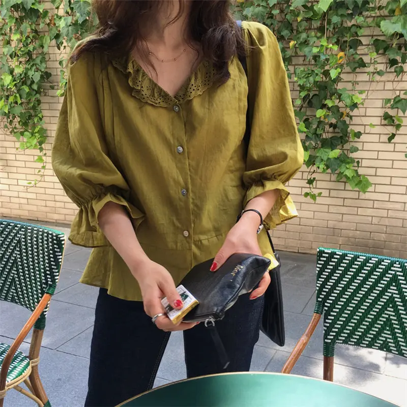 

HziriP Summer Chic Cute 2019 Stylish Ruffles Woman Sweet Femme Girls Casual Fresh Solid Half-Sleeved Fashion Free Green Shirt