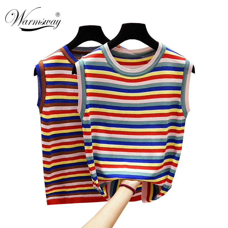 

WARMSWAY Korean Fashion harajuku Women Clothing Summer Tank Tops Rainbow Striped Sleeveless Knit Top Basic tee B-150