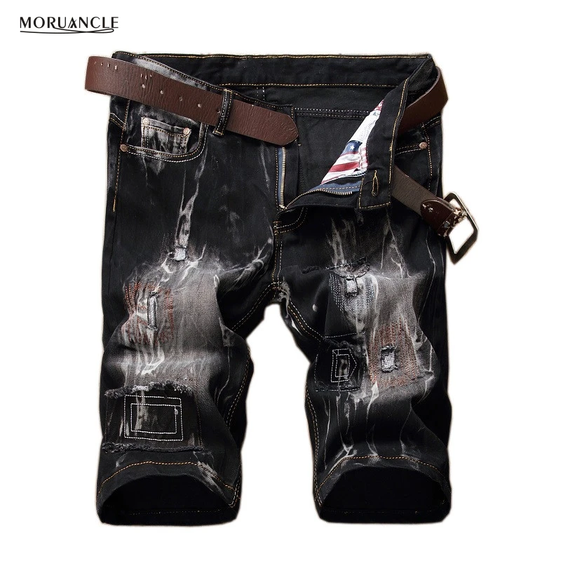 MORUANCLE 2017 New Men's Ripped Jeans Shorts Vintage Male Patched