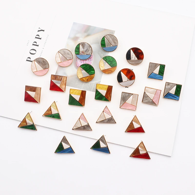 

Korean Fashion Women Geometric Acrylic Stude Earrings Colorful Hollow Triangle Round Square Pendientes Girl Ear Jewelry Gift