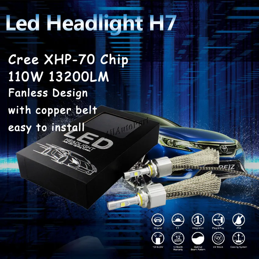 

Fanless LED Headlight Kit C ree xhp70 LED 6000K White HID Replacement 55W 6600LM bulb 9012 H7 H11 9005 9006 H13 9007 9004