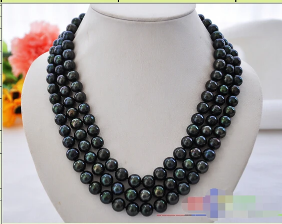 

p3310 AA+ 3row 20" 11mm peacock black round FW pearl necklace mabe clasp^^^@^Noble style Natural Fine jewe SHIPPING (C0309)