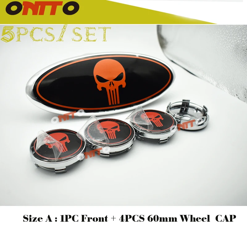 

4pcs cap+ 1pc front emblem Punisher skull Logo Sticker Front Rear Badge Emblem for Kuga Escape Ecosport Fiesta Mondeo focus 60mm