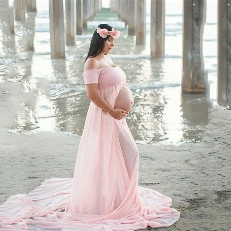 

Maternity Photography Boat Neck Dress Pregnant Off Shoulder Short Sleeve Stretch Cotton Chiffon Patchwork Dress(Pink,M)