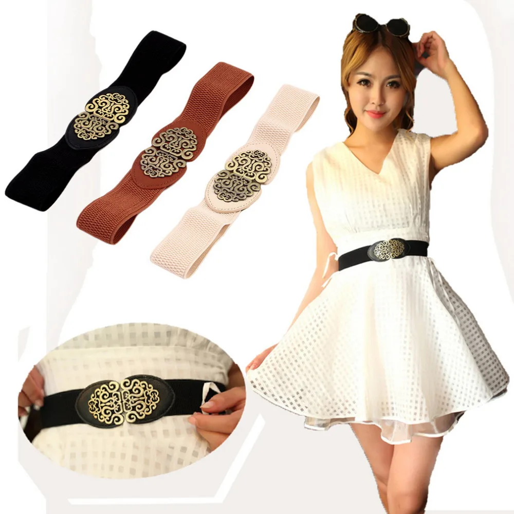 

Women Retro Adjustable Flower Elastic Stretch Buckle Wide Waistband Belt