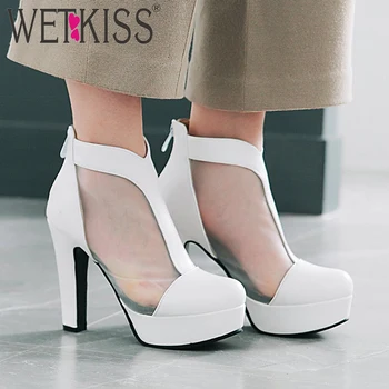 

WETKISS High Heels Boots Women Zip Round Toe Footwear Mesh Ankle Boots Female Pu Platform Office Shoes Woman Summer 2019 New