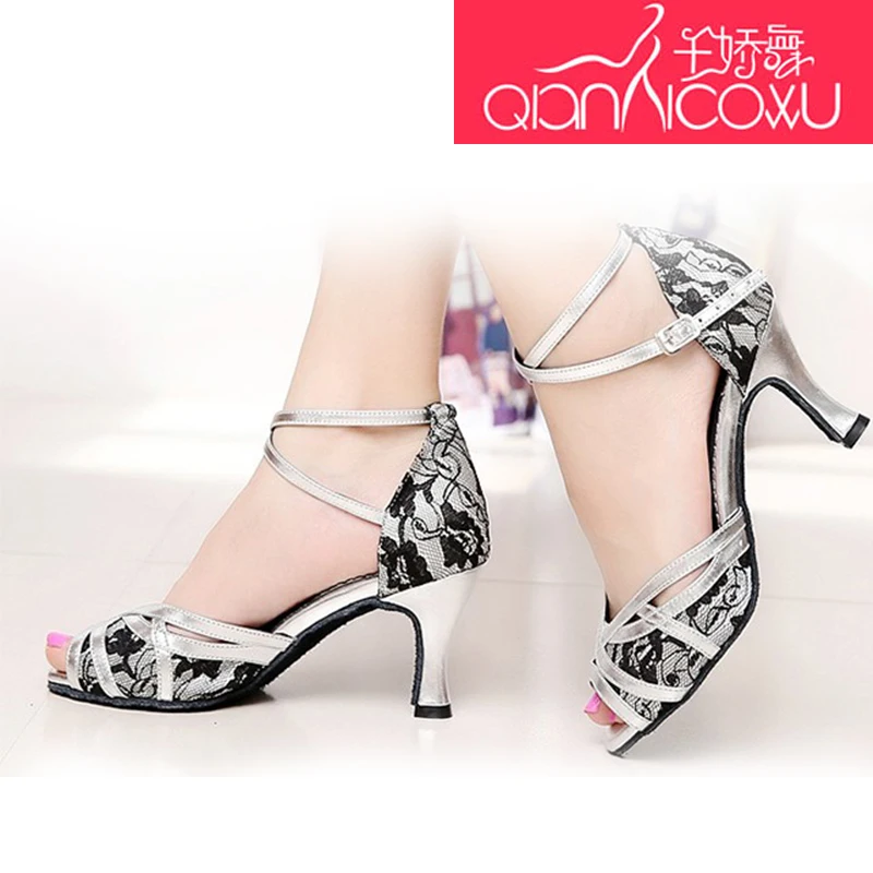 Женские туфли для латиноамериканских танцев серебристые сандалии на высоком