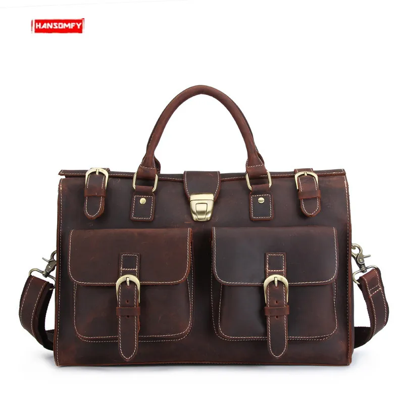 

New Crazy horse leather Men handbag 14 inch laptop briefcases travel shoulder bag male retro first layer leather crossbody bags