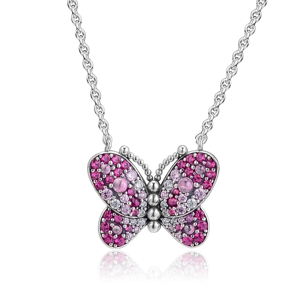

Dazzling Pink Butterfly Necklace & Pendant Mother's Day 925 Sterling Silver Jewelry Elegant Necklace For Woman Jewelry
