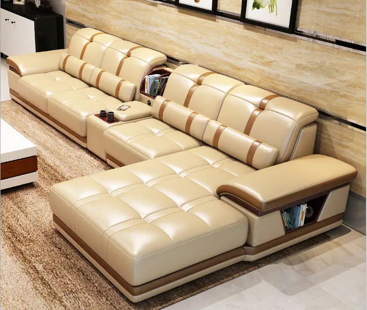 US $1.199.00 Living Room Sofa set furniture real genuine cow leather sofas bluetooth puff asiento muebles de sala canape L shape sofa cama