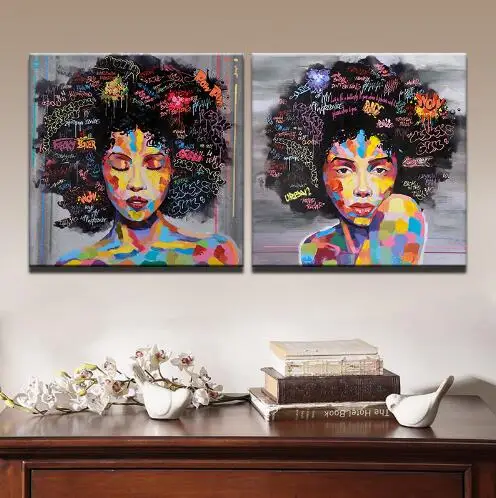 

2019 CH Canvas Paintings Wall Art Living Room Framework Pictures Prints 2 Pieces Abstract Curly Hair Woman