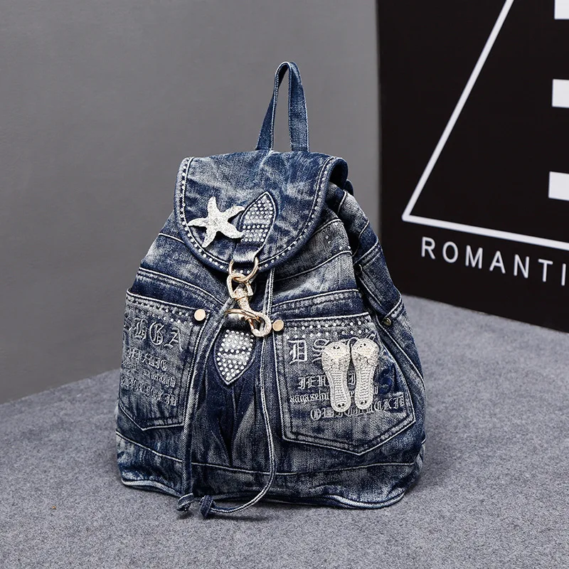 Diamond Denim Bag Women Backpack 2018 New High Quality Cool School Bags For College Retro Blue Rucksack Vintage Rock Knapsack