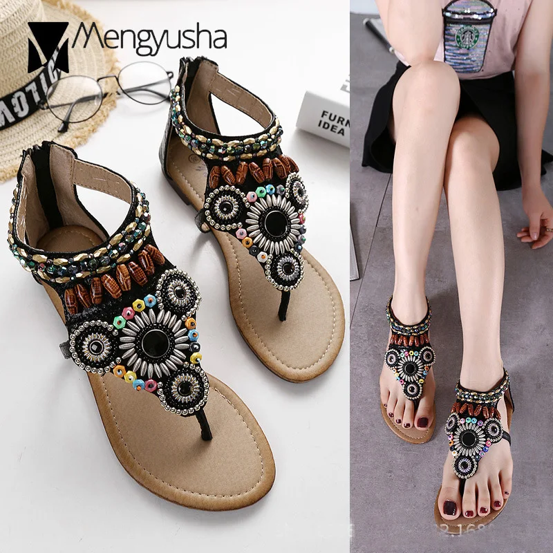 

Ethnic beaded woman sandalias clip toe colorful string beading gladiator sandals woman bohemian flip flops sandalia cutout shoes