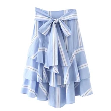 New Arrival Women Summer Bow Tie Waist Layered Ruffle Skirt Striped Long Skirt Women High Waist Elegant Blue Skirt XHSD-3084