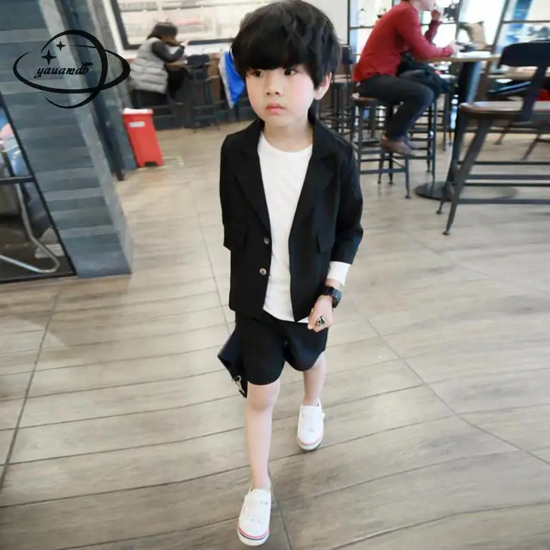 

YAUAMDB kid blazer sets summer 3-11Y boys 2pcs suits solid jacket+shorts single breasted pocket fashion children clothes ly46