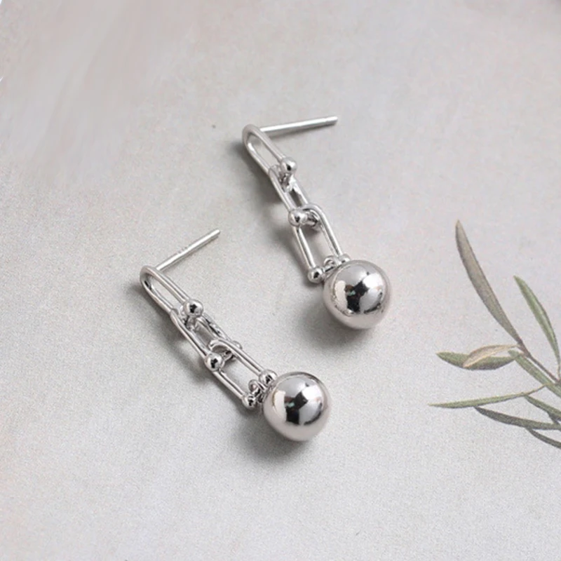 

Korean Small Ball Drop Earrings 925 Sterling Silver White Gold Geometric Chain Polished Ball Earrings Tassels Women Accessories