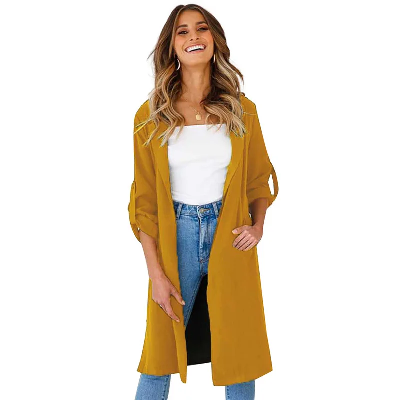 

Elegant Women Winter Autumn Trench Coat Roll-up Sleeves Solid Thin Casual Long Coat Outerwear Cardigan 2019 Womens Windbreakers