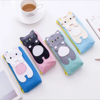1X Creative Cats cartoon canvas bag capacity pen bag cosmetic bag students pencil case kawaii school office stationer supplies 2018 creative kawaii metal flamingos pencil case bag office