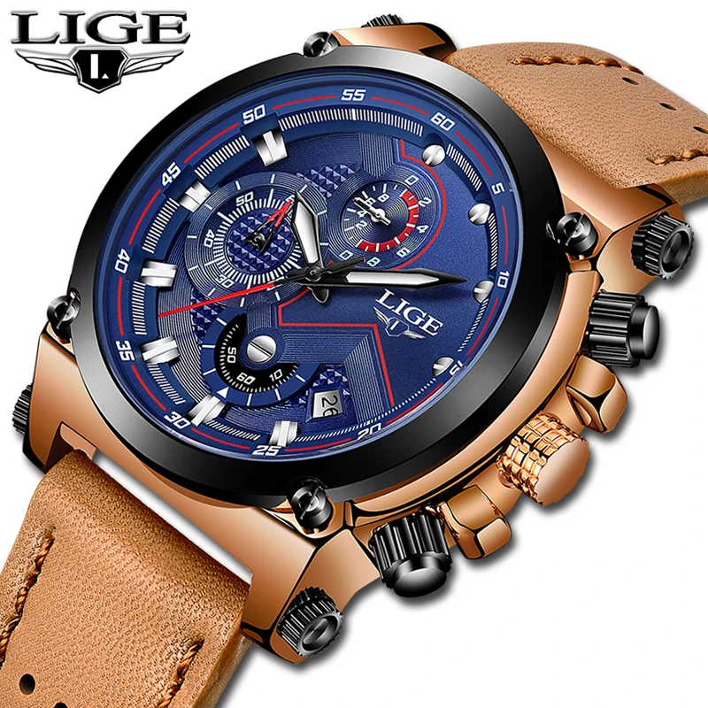 

LIGE Mens Watches Top Brand Luxury Quartz Clock Sports Watch Men Leather Waterproof Military Camping Watches Relogio Masculino