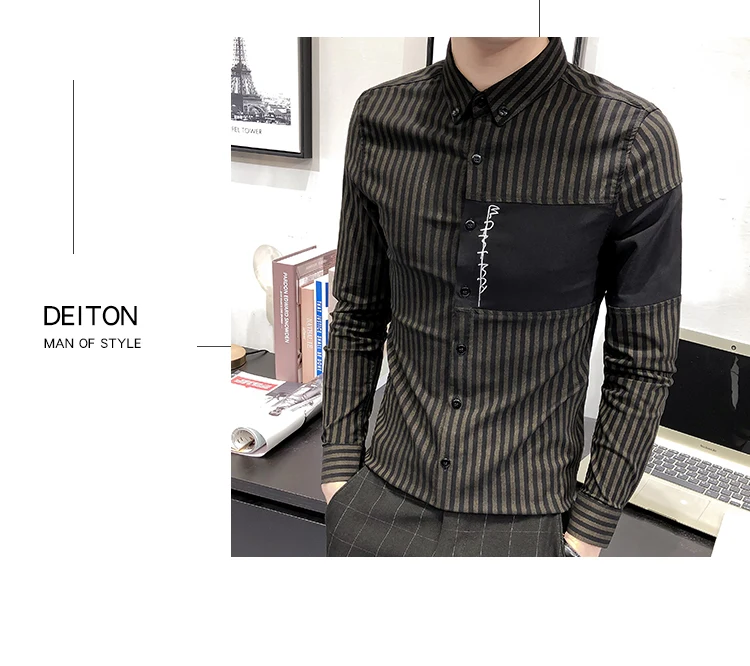 Camisa Весна Новая мода Tide уличная Мужская саморазвитие полоса орфографический Материал Мужская рубашка social masculina черный