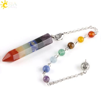 

CSJA 2017 Rainbow 7 Chakra Natural Gem Stone Beads Chain Hexagon Prism Pendulum Reiki Charm Healing Layered Dowsing Pendant E424