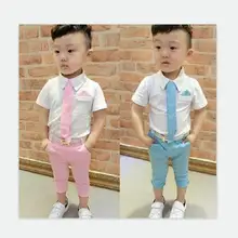 Retail! Hot 2016 Children Suits for Boys Brand Kids Summer Weddings Cotton shirt tie + pants with Belt baby suits Free shipping цена Retail! Hot 2016 Children Suits for Boys Brand Kids Summer Weddings Cotton shirt tie + pants with Belt baby suits Free shipping цены онлайн