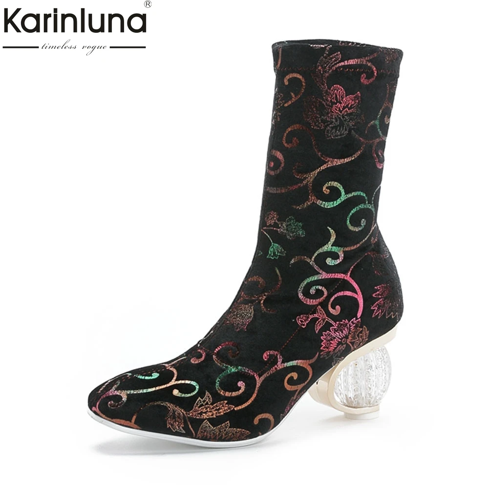 

big size 34-44 strange high heels print flowers shoes woman party sexy autumn winter ankle boots women sock boots shoes women