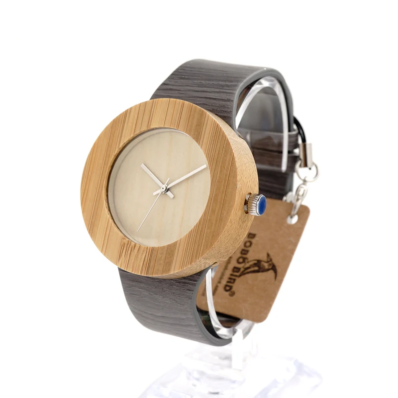 BOBO BIRD Cylinder Bamboo Wooden Wristwatch Mens Round Wood Design Japan 2035 Movement Quartz Watch with PU strap in Gift Box