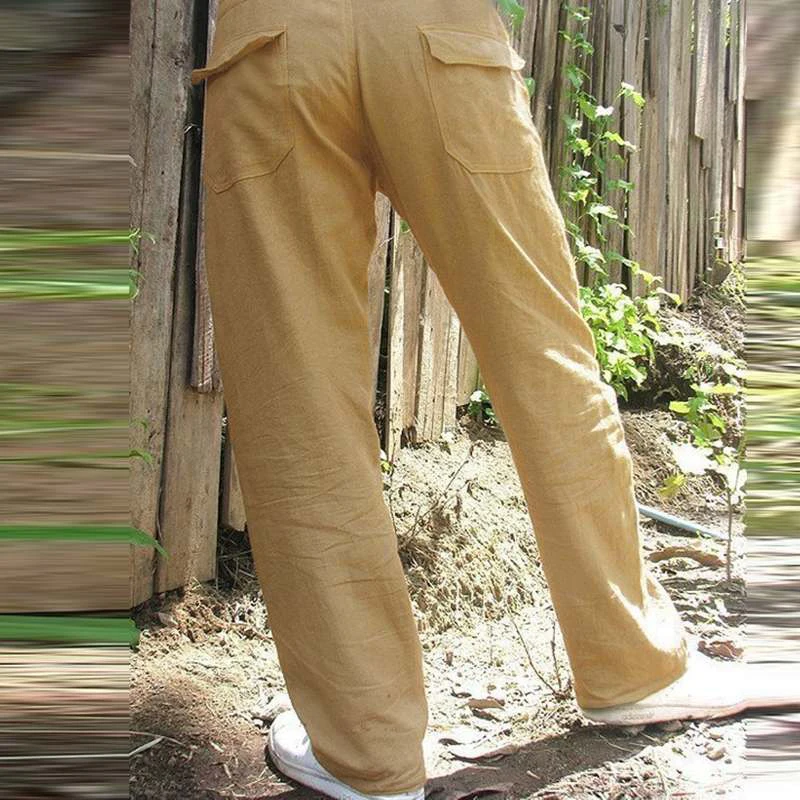 Мужские модные прямые брюки Летняя Повседневная хлопчатобумажная ткань, мешок со шнурком на талии однотонные брюки Свободный стиль полный брюки карманы
