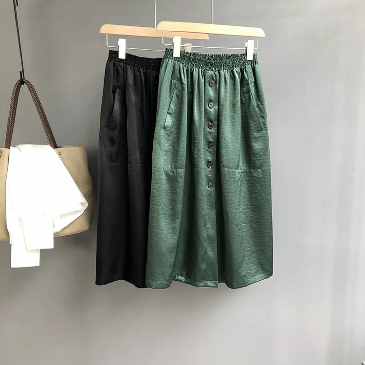 Mooirue осень 2018 женщина Saia Ретро Атлас армейский зеленый черный спереди один Buttonloose высокая Талия Женский юбки для женщин дно