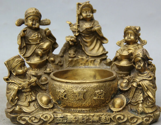 

166@g++7" Chinese Brass Five Mammon Money Wealth God Treasure bowl Statue Sculpture